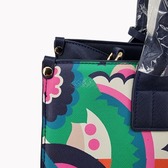 Trina Turk Floral Print Tote Bag 14x11 Floral Navy Pink Green Designer Purse - Picture 9 of 11